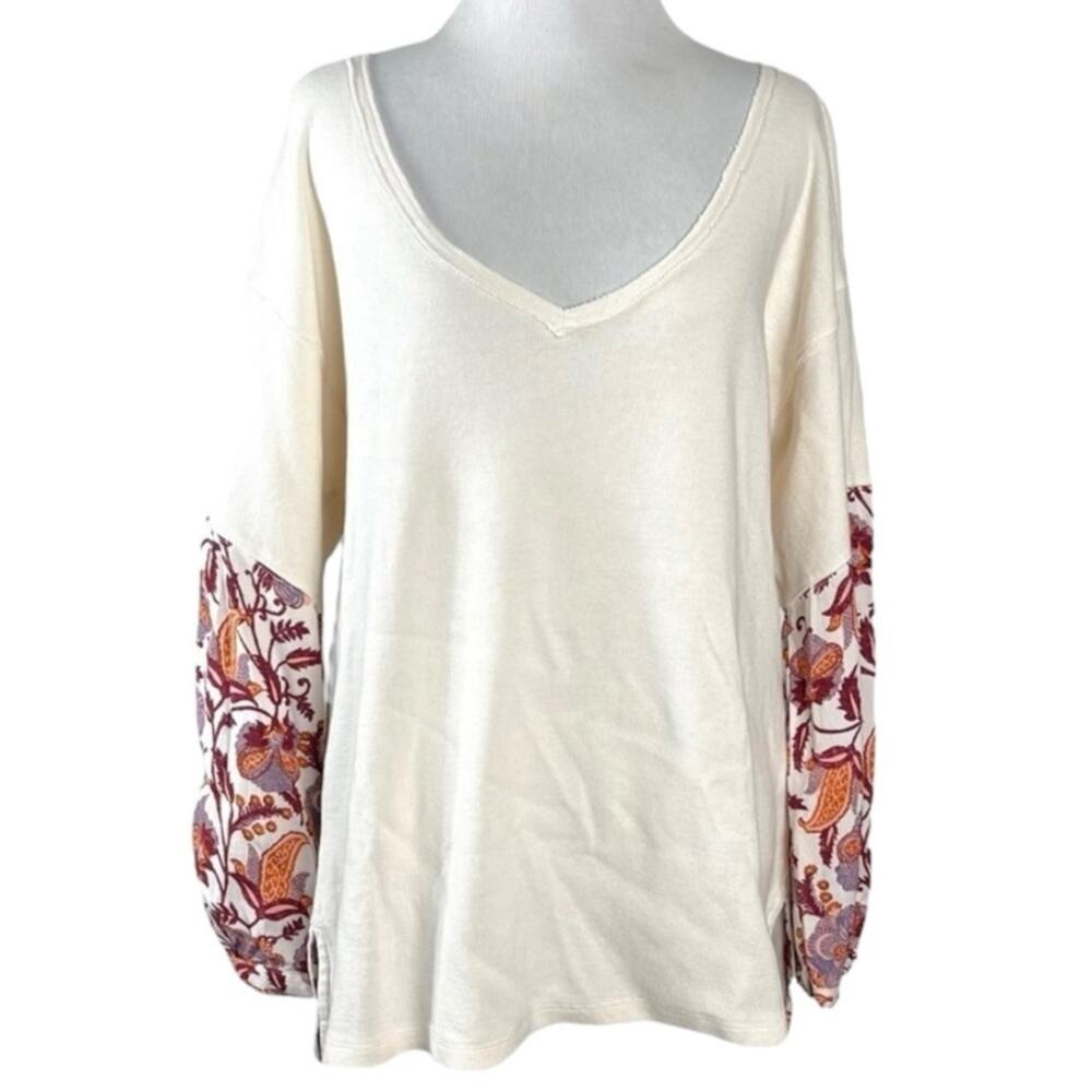 Anthropologie Bohemian Thermal Waffle Knit Floral Puff Sleeve Top XS Oversized